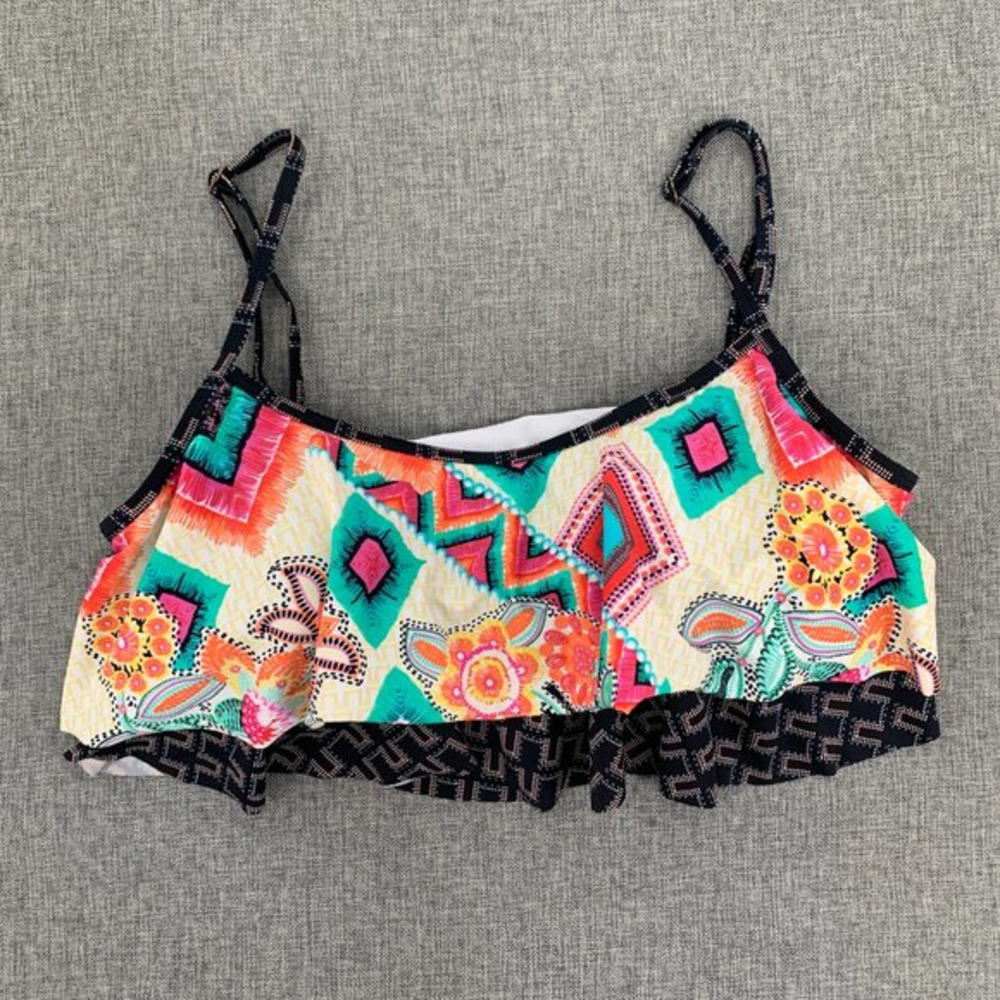 Pacific Beach‎ Ruffled Bikini Top Floral & Paisley Print XL Adjustable Straps